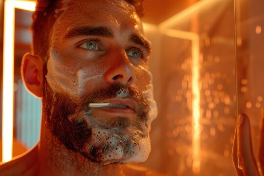 A man with a beard is washing his face in a shower