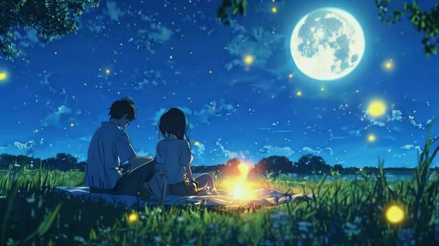 Animated virtual backgrounds cozy couple sits on the sand, sunset fade glowing night. moon rises. lofi music 2D 4k Lofi Japanese manga Anime-style Looping hip hop Music Video Background
