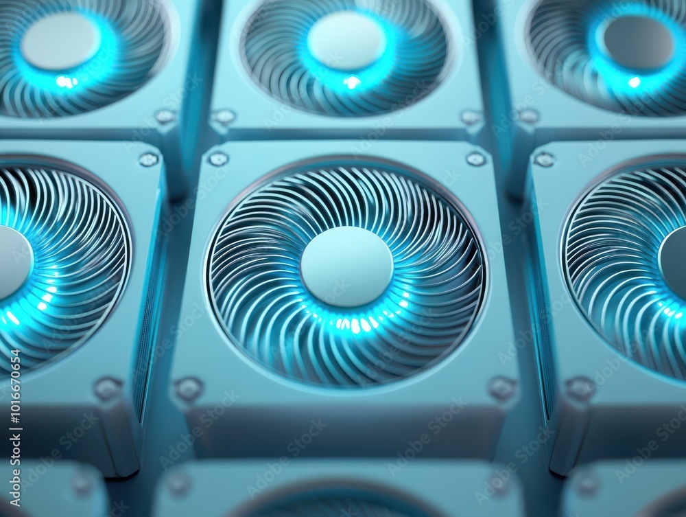 Poster close-up of multiple high-performance cooling fans with illuminated blue lights, showcasing modern t