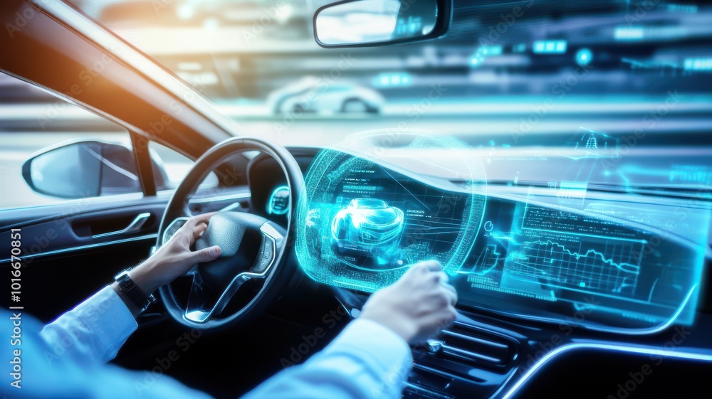 Poster futuristic dashboard in a modern car, showcasing advanced technology and data visualization for a se