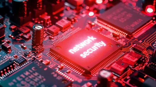Red illuminated cpu with "network security" inscription on electronic board. Close-up of intel processor highlighting computer security features. Cybersecurity technology concept.