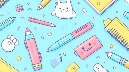 Delightful Kawaii Stationery with Smiling Faces Seamless Study Theme