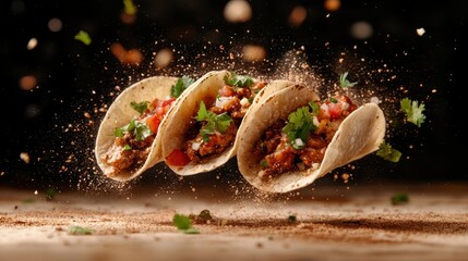 Three tacos filled with vibrant toppings are artfully displayed, seemingly floating above the surface with spices scattered, depicting joy and creativity.