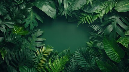 Fototapeta premium This vibrant image presents an array of lush green tropical leaves forming a dense and textured background, creating a fresh and serene natural ambiance.