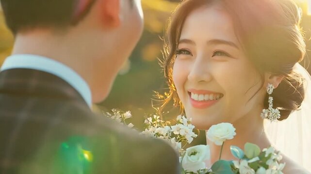 Romantic gaze between asian bride and groom at matrimonial event. Love-filled wedding ceremony with asian bride clutching flowers. Intimate wedding scene.