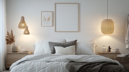A modern bedroom's interior mockup template features a blank white wall, decorative lamps, and cozy bedding under soft lighting. This 3D rendering presents a serene and inviting sleeping space.