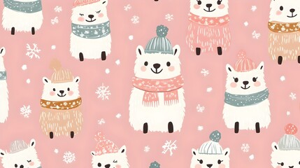 Adorable Alpacas in Cozy Winter Attire with Repeating Pastel Pattern
