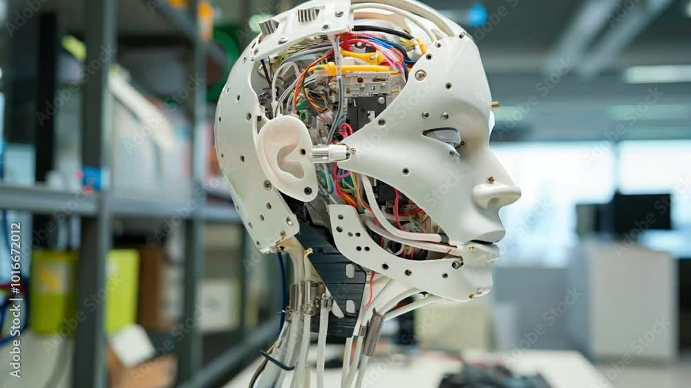Poster closeup on intricate humanoid robot head made artificial intelligence for in technology lab.