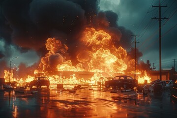 Fototapeta premium A fire is burning in the middle of a city street