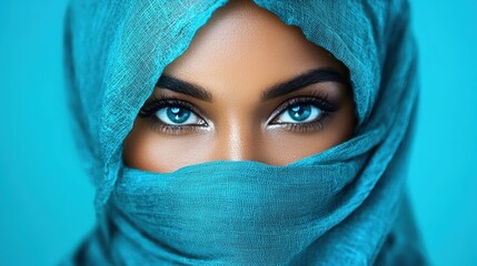 Fototapeta premium Vivid blue eyes peer through a striking azure veil, blending vivid color with a mesmerizing gaze, creating an image of serene beauty and wonder.