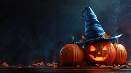 halloween themed pumpkins and witch hat on dark background