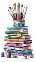 Fototapeta premium A vibrant stack of colorful books with paintbrushes and paint containers, embodying a creative and artistic atmosphere.