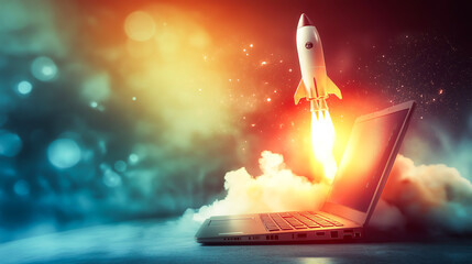 A modern laptop with a rocket launching from its screen, Symbolizing of a startup or new beginnings concept 