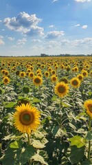 Naklejka premium A vibrant sunflower field under a clear blue sky, showcasing nature's beauty and summer's warmth.
