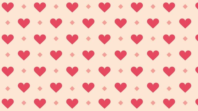 A seamless pattern of red heart shapes and diamond shapes on a light pink background