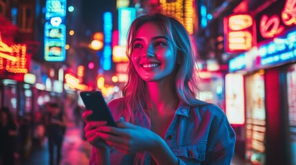 Fototapeta premium Beautiful Young Woman Using Smartphone Standing on the Night City Street Full of Neon Light. Portrait of Gorgeous Smiling Female Using Mobile Phone