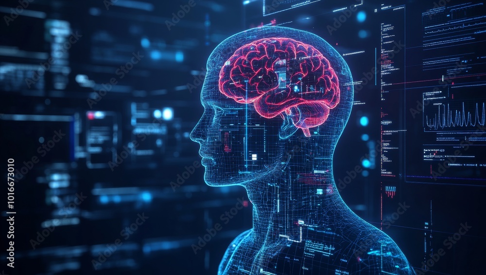 Poster a digital screen with a hologram of a human body and different parameters.