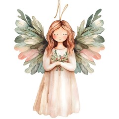 Boho Christmas angel ornament with delicate feathered wings whimsical watercolor in muted natural colors isolated on a clean white background