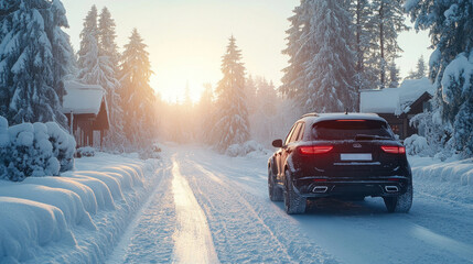 A car parked in a snowy driveway, surrounded by a protective shield, representing the importance of auto insurance during the winter months