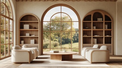 Beige and wood living room with armchairs, coffee table, and arched shelves. Large window overlooks the countryside. Mockup canvas poster. 3D render.