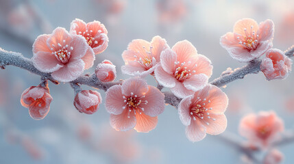 A close-up of frosted cherry blossoms on bare branches, glowing softly against a pale winter sky