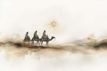 Three Wise Kings Following the Star of Bethlehem Watercolor Illustration