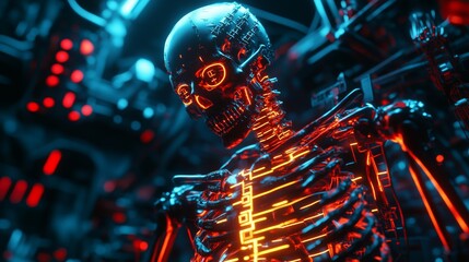 Cybernetic Skeleton with Advanced Neon Tech and Glowing Lights - Made with Generative AI