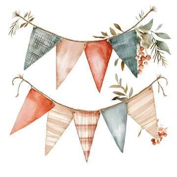 recommend clip art: Boho Christmas bunting clipart made of natural materials like foliage berries and fabrics in a soft watercolor with warm hues and a minimalist isolated design