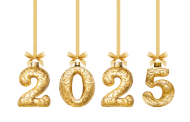 Golden 2025 Number Baubles New Year Hanging on Ribbon Bow Isolated on White and Png Transparent Background