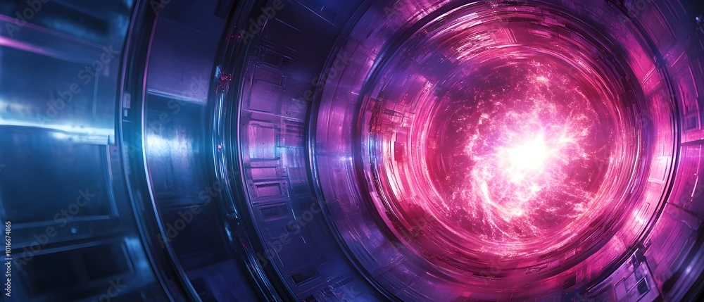 Poster visualizing the magnetic confinement of plasma in fusion reactors with containment fields holding th