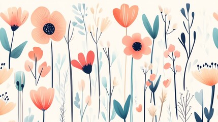 Naklejka premium Simple watercolor wildflowers in soft pastels, arranged randomly on a light beige background, seamless pattern