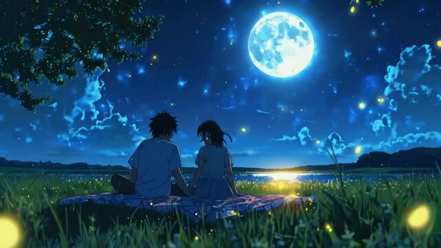 Animated virtual backgrounds cozy couple lies hill, gazing twinkling stars. hold hands shooting stars pass by. lofi music 2D 4k Lofi Japanese manga Anime-style Looping hip hop Music Video