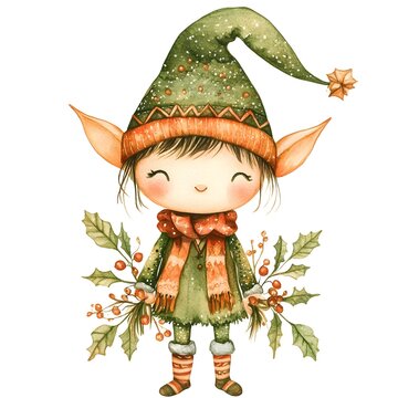 Enchanting boho style Christmas elf character with tribal patterns and warm watercolor perfect for holiday decor  greeting cards  and seasonal design projects
