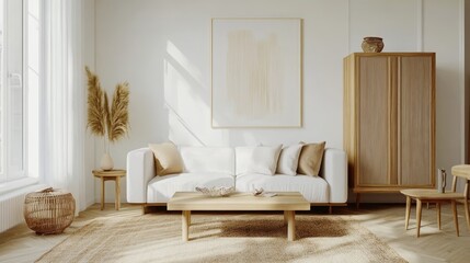 Cozy and stylish living room interior features a white modular sofa, wooden furniture, wall art, and personal touches. Home styling template.