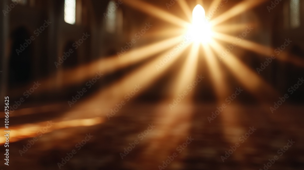 Poster a beautifully captured scene where golden sunlight streams dynamically through a church window, cast