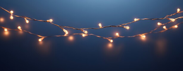 On a black background, blue holiday string lights decorate a wooden table