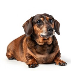 Obraz premium Overweight Chubby Dachshund Dog Lying on White Background Isolated