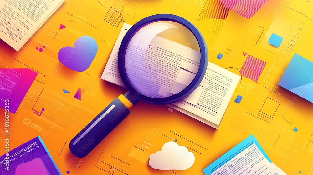 Poster magnifying glass on documents with abstract shapes and yellow background data analysis