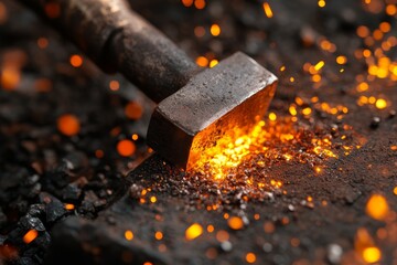 Blacksmith forging metal in a workshop with sparks flying during a heated session