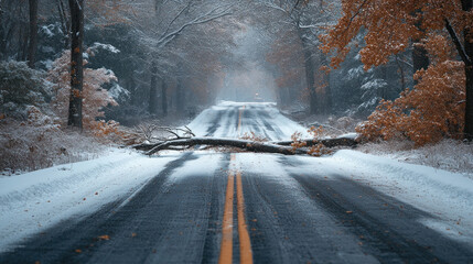 A snow-covered road blocked by a fallen tree, symbolizing obstacles caused by a rigid mindset