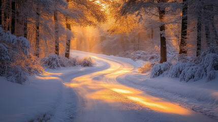 A winding road through a snow-covered forest, with frost-covered trees arching over the path and soft sunlight filtering through