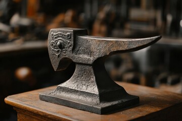 A vintage anvil resting on a wooden workbench in a blacksmith shop, surrounded by tools and equipment used for metalworking
