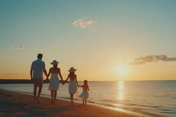 Fototapeta premium An idyllic family walks hand-in-hand on a paradise beach in the evening as they enjoy their summer vacation