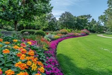 Colorful Flower Beds and Green Grass in an Ornamental English-Style Garden