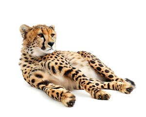 Obraz premium Overweight Cheetah Cub Lying Down with Rounded Belly and Playful Expression on Isolated White Background