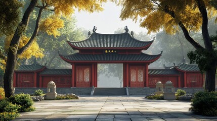 Traditional Chinese temple or Buddhist monastery with gates fragment. Classic Asian religious building and landmark. Chinese cultural and spiritual architecture.