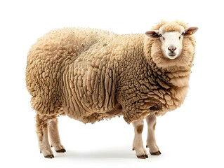Naklejka premium Portly Sheep with Thick Woolly Fur Standing Relaxed on White Background