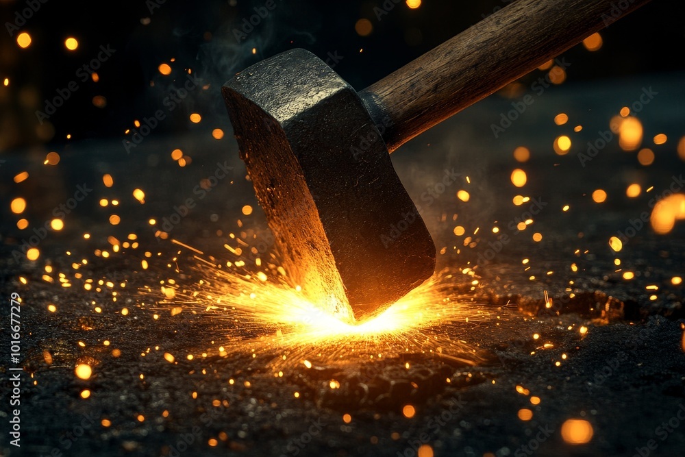 Poster a blacksmith strikes metal with a hammer, creating sparks in a workshop illuminated by warm light du