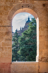 Window with views of Salamanca in the the convent of San Esteban, a Dominican monastery of Plateresque style, built between 1524-1610, situated in Salamanca, Castile and Leon, Spain.