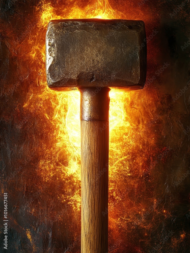 Poster anvil hammer against a fiery background showcasing strength and craftsmanship in a forge setting